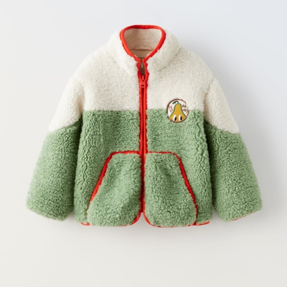 NWT Zara kids embroidered avocado faux shearling jacket